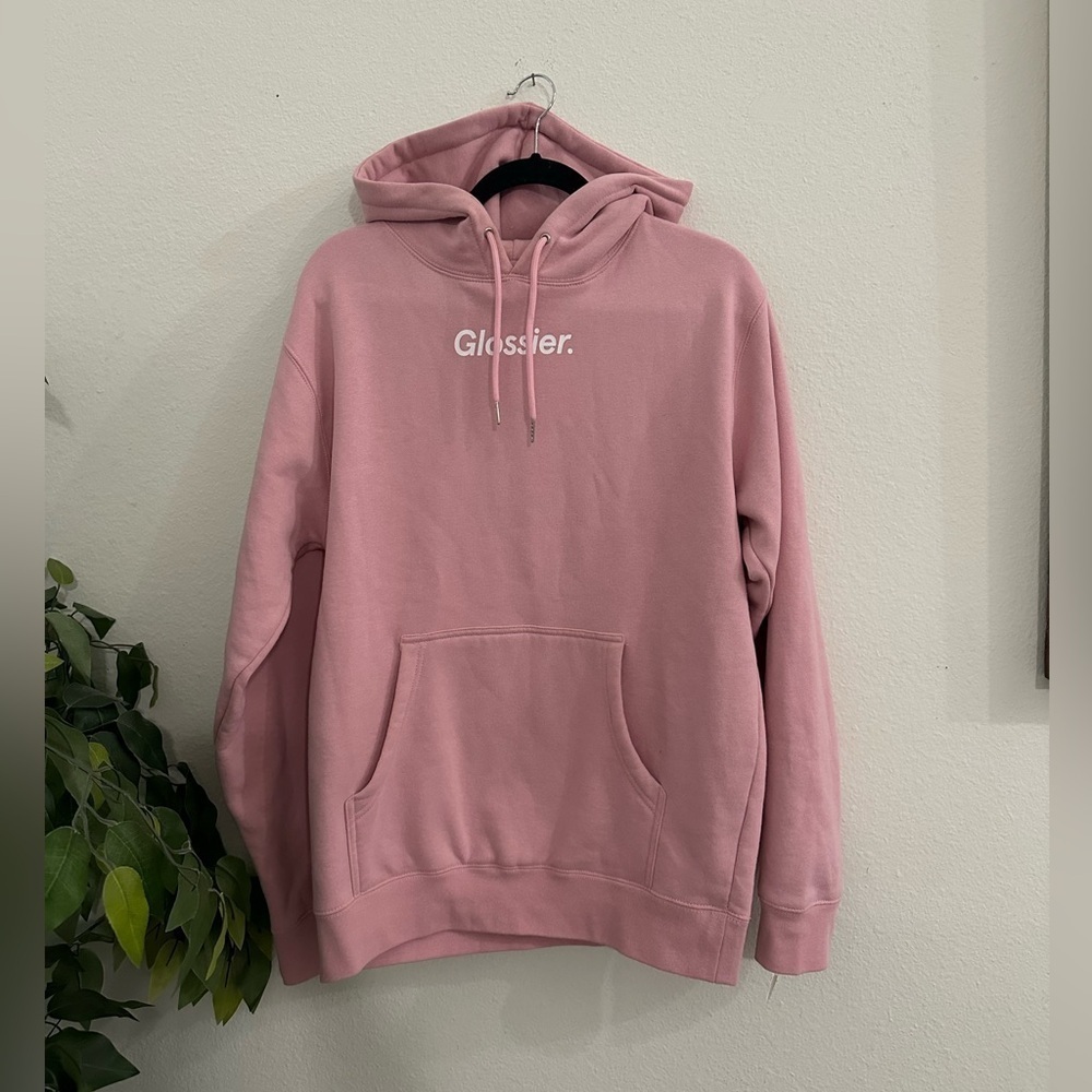 Glossier pink hoodie Sz S loungewear distressed